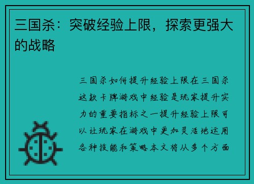 三国杀：突破经验上限，探索更强大的战略